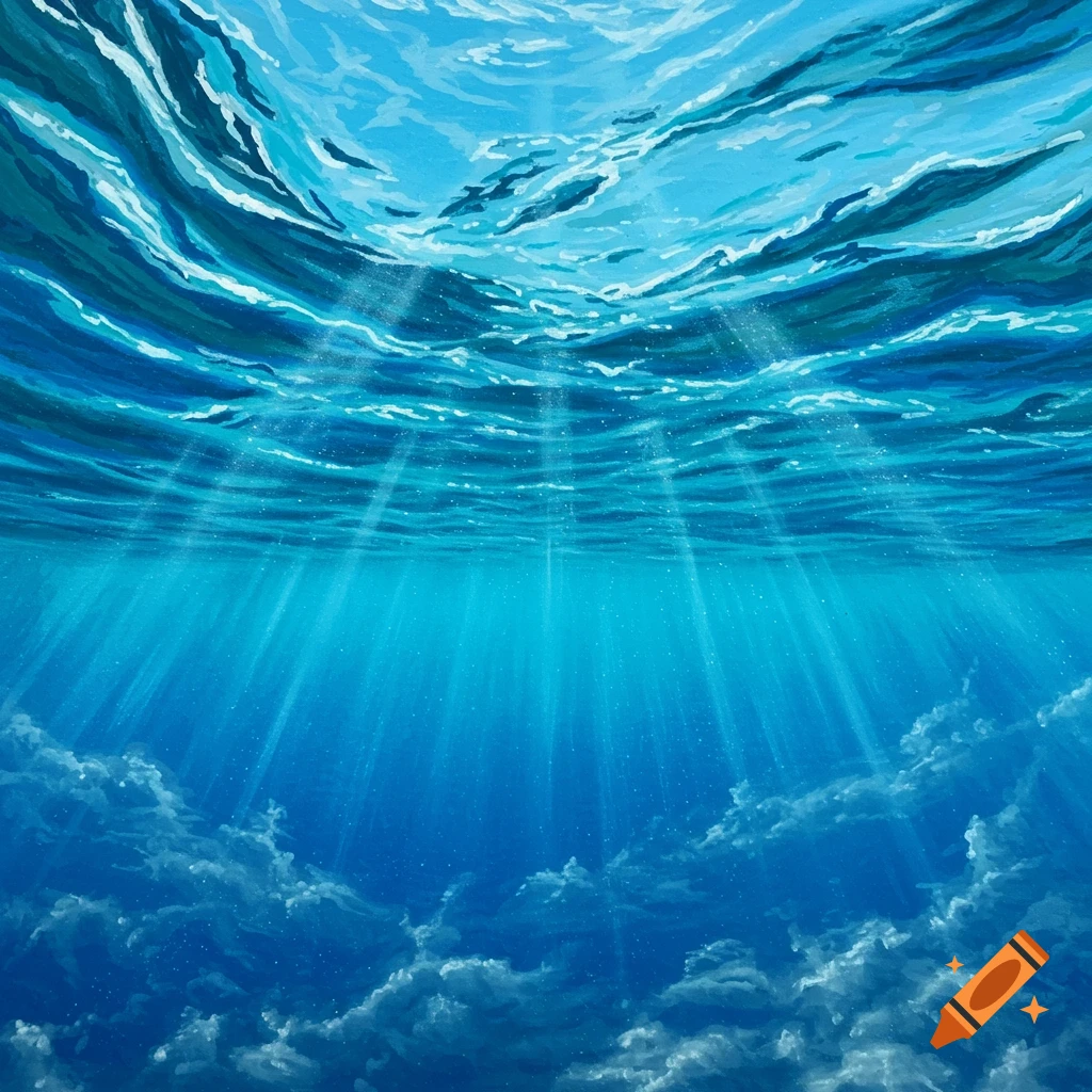 Looking up through clear blue water at the rippling surface with sun rays streaming down.