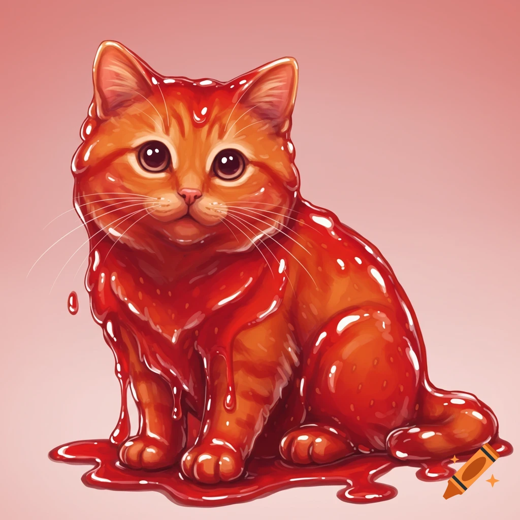 A cute orange cat is covered in red jam.