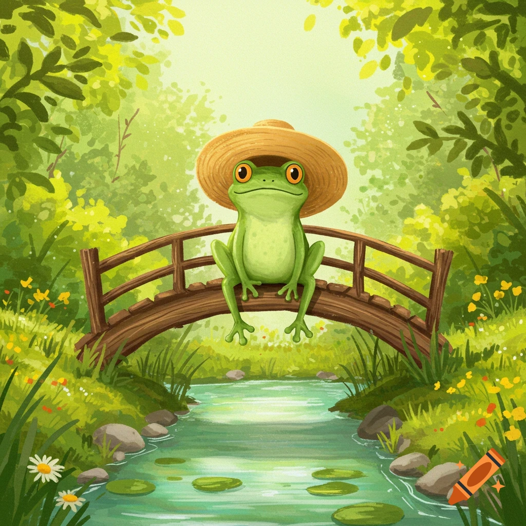 A cute frog in a straw hat sits on a wooden bridge over a stream in a forest.