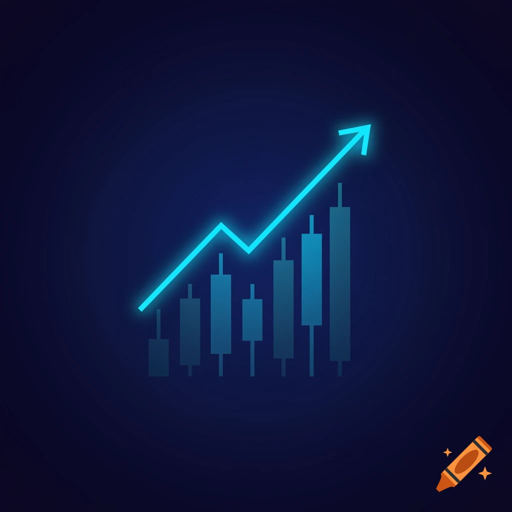 A blue upward trending line intersecting a candlestick chart on a dark background.