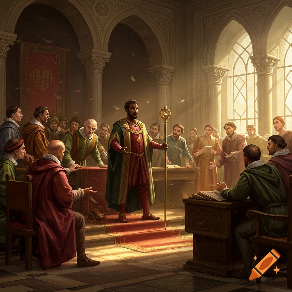 A man in historical clothing holding a staff and speaking to a group of men in a grand hall.
