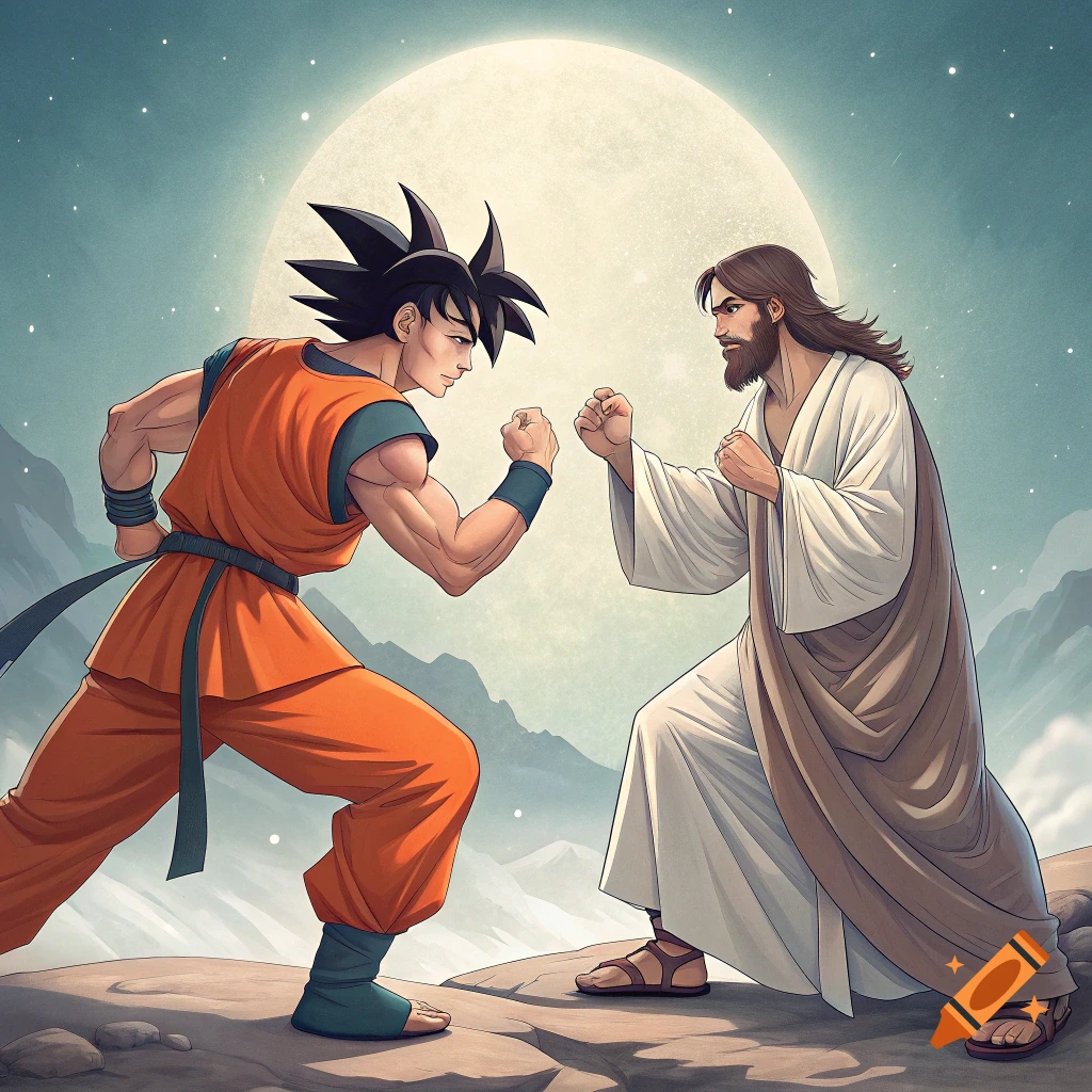 Goku and Jesus Christ sparring in a mountainous landscape under a full moon, anime style.