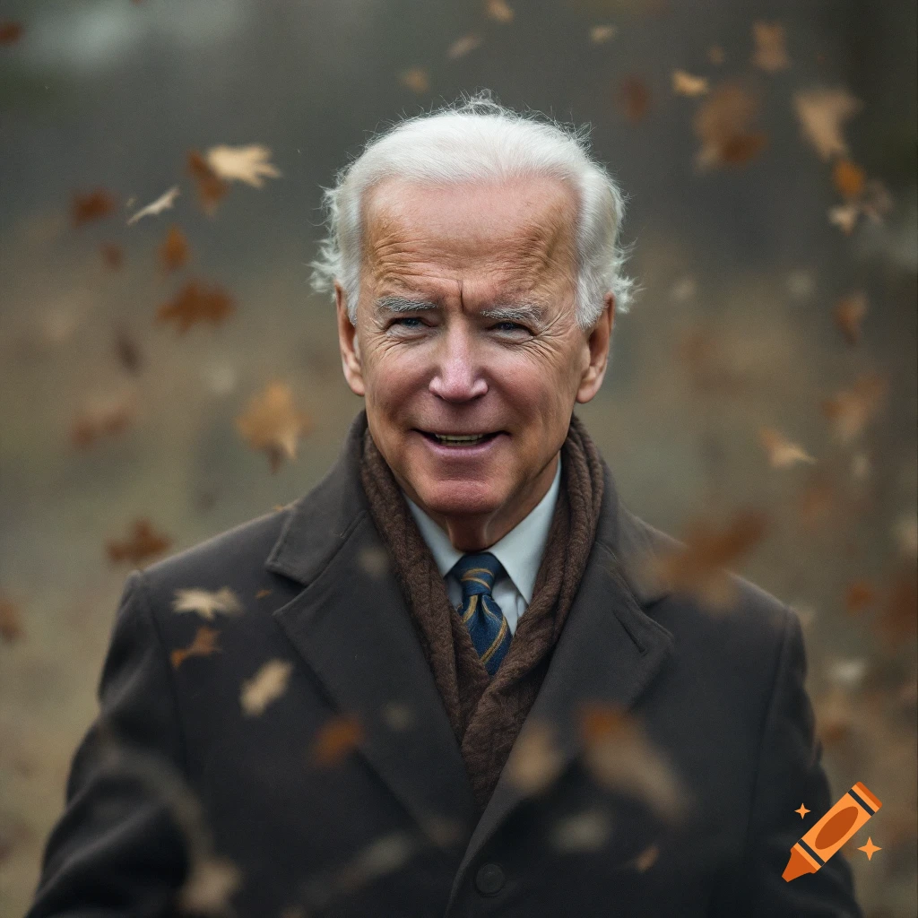 A photorealistic portrait of Joe Biden outdoors in autumn with falling leaves.