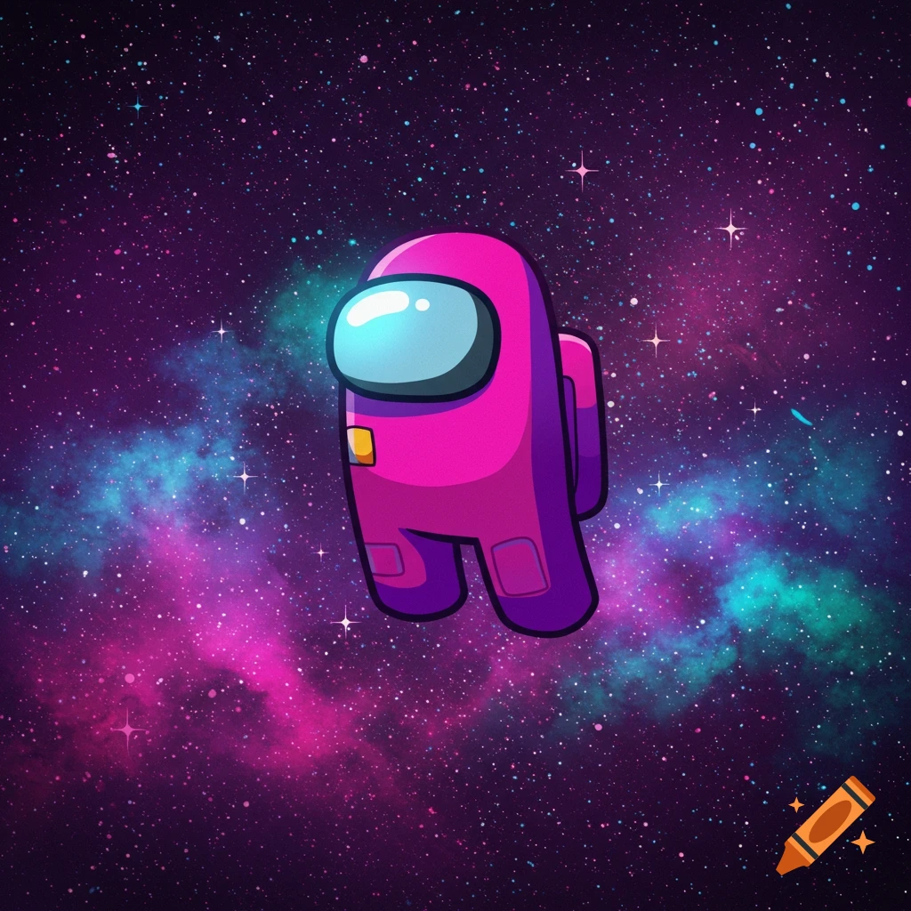 Pink Among Us character floats in a colorful galaxy
