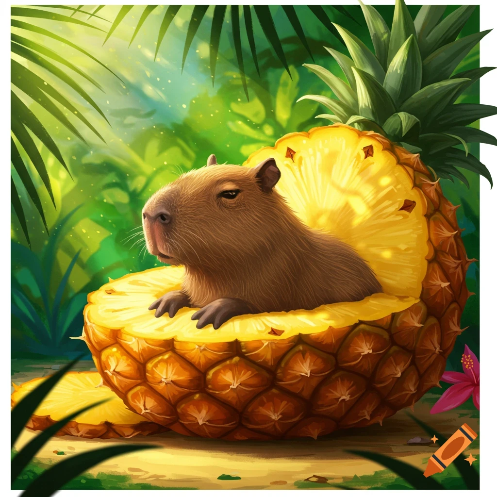 A capybara sitting inside a pineapple in a jungle.
