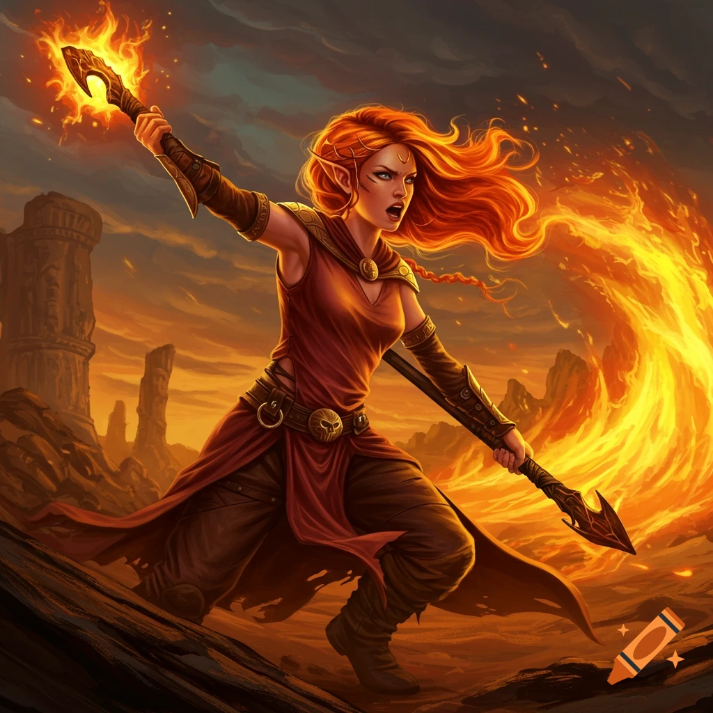 A fiery red-haired female pyromancer holds a flaming staff in a desolate landscape.