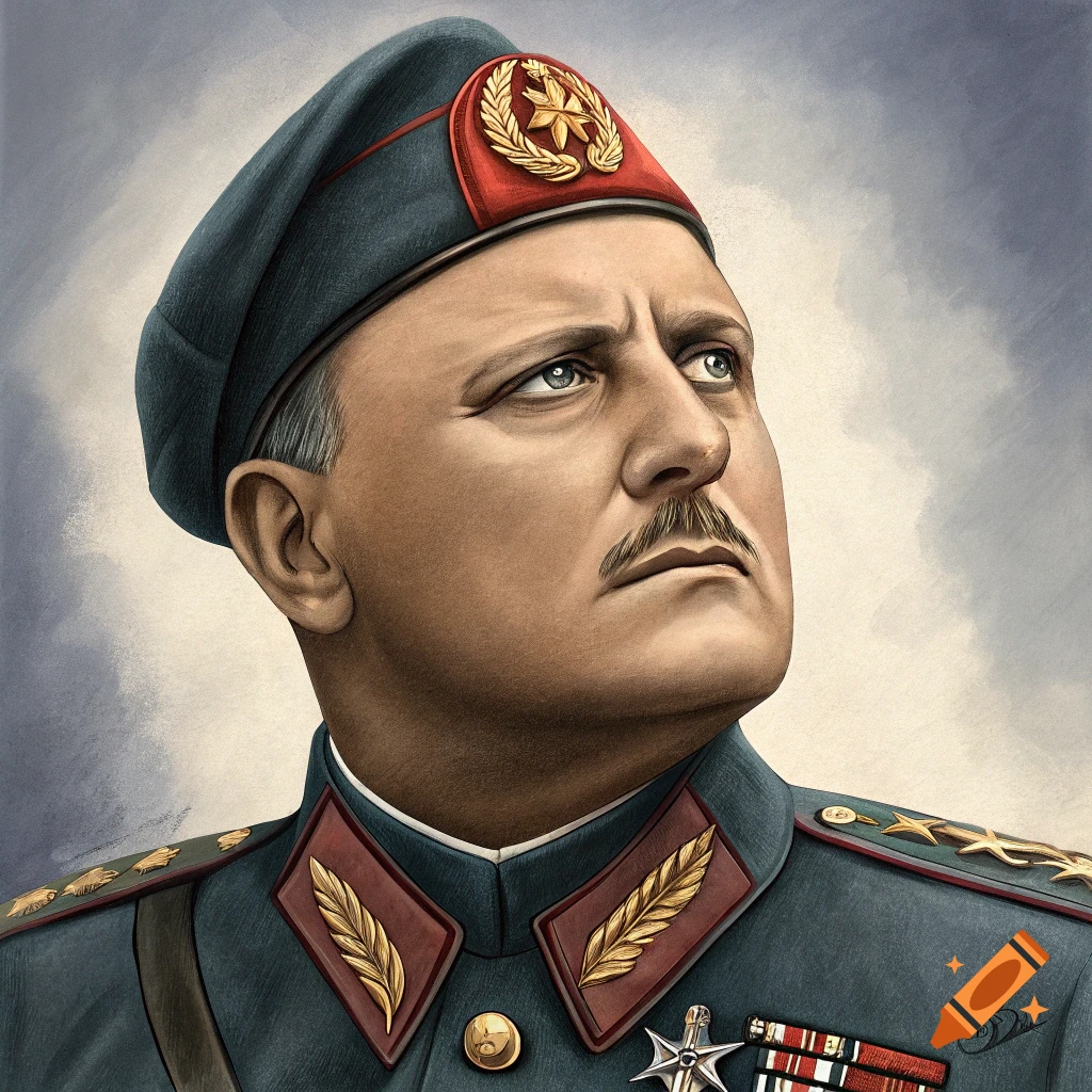 Painting of a man in a military uniform and beret looking upwards.