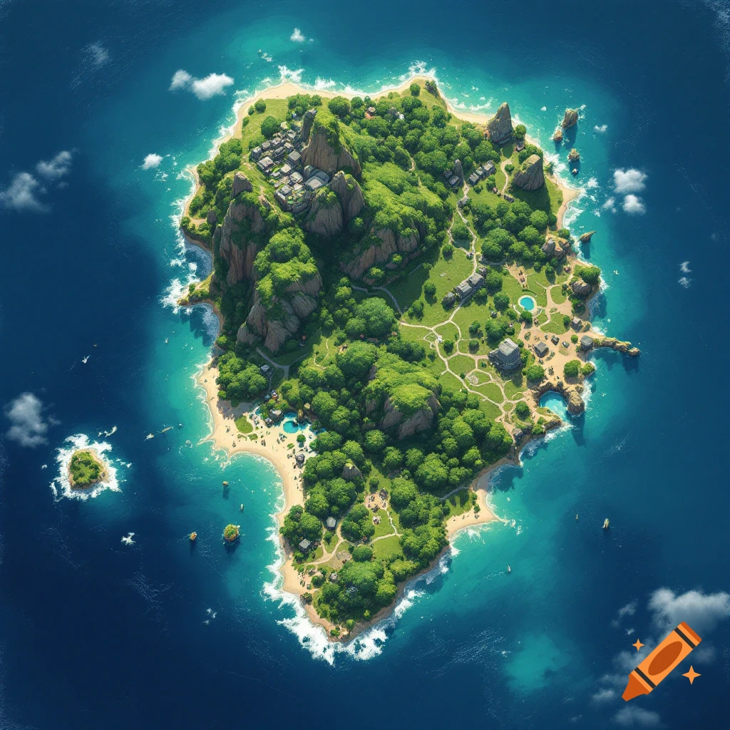 Aerial view of a lush green tropical island featuring beaches, mountains, and scattered buildings in blue water.