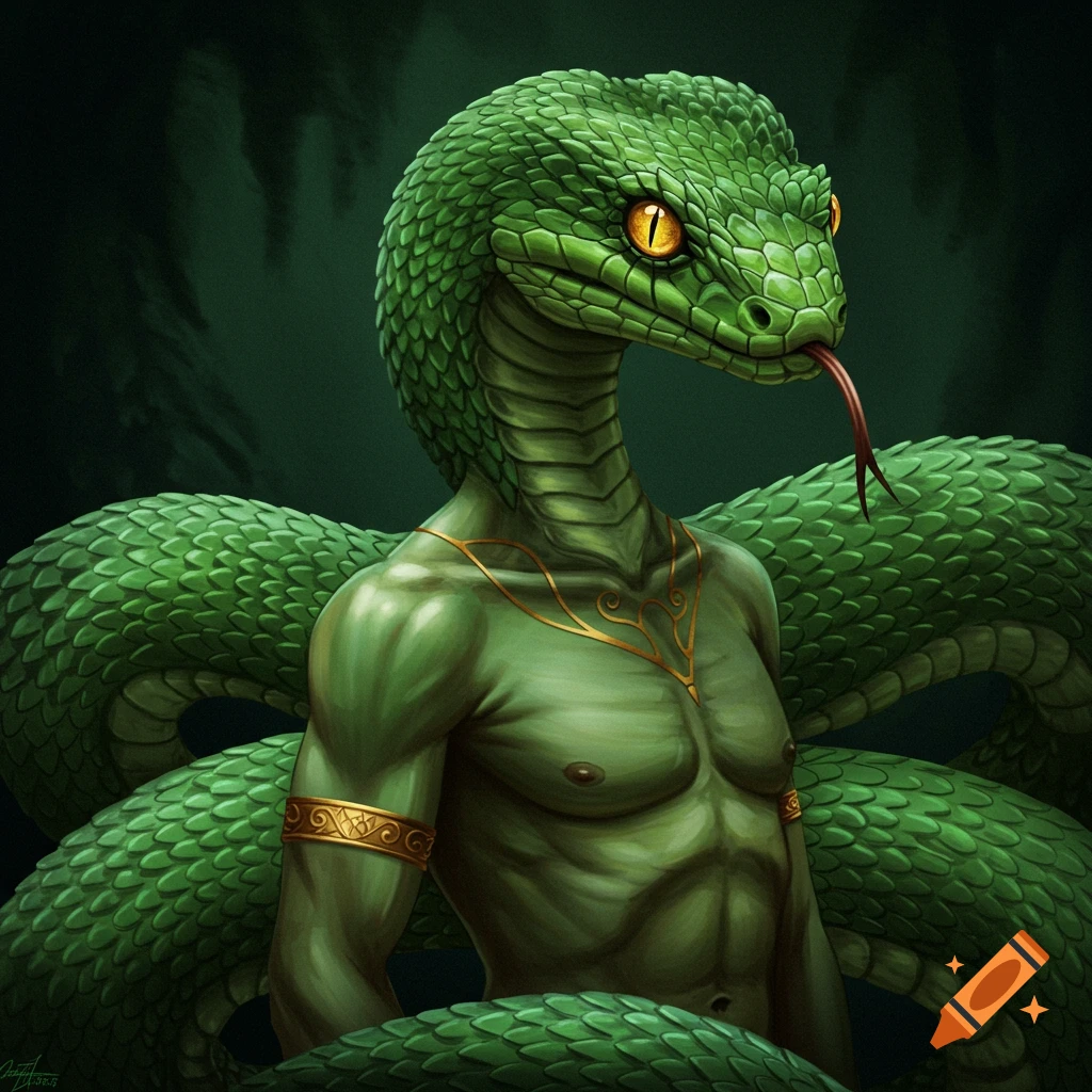 A muscular green snake-human hybrid with golden arm bands and necklace.