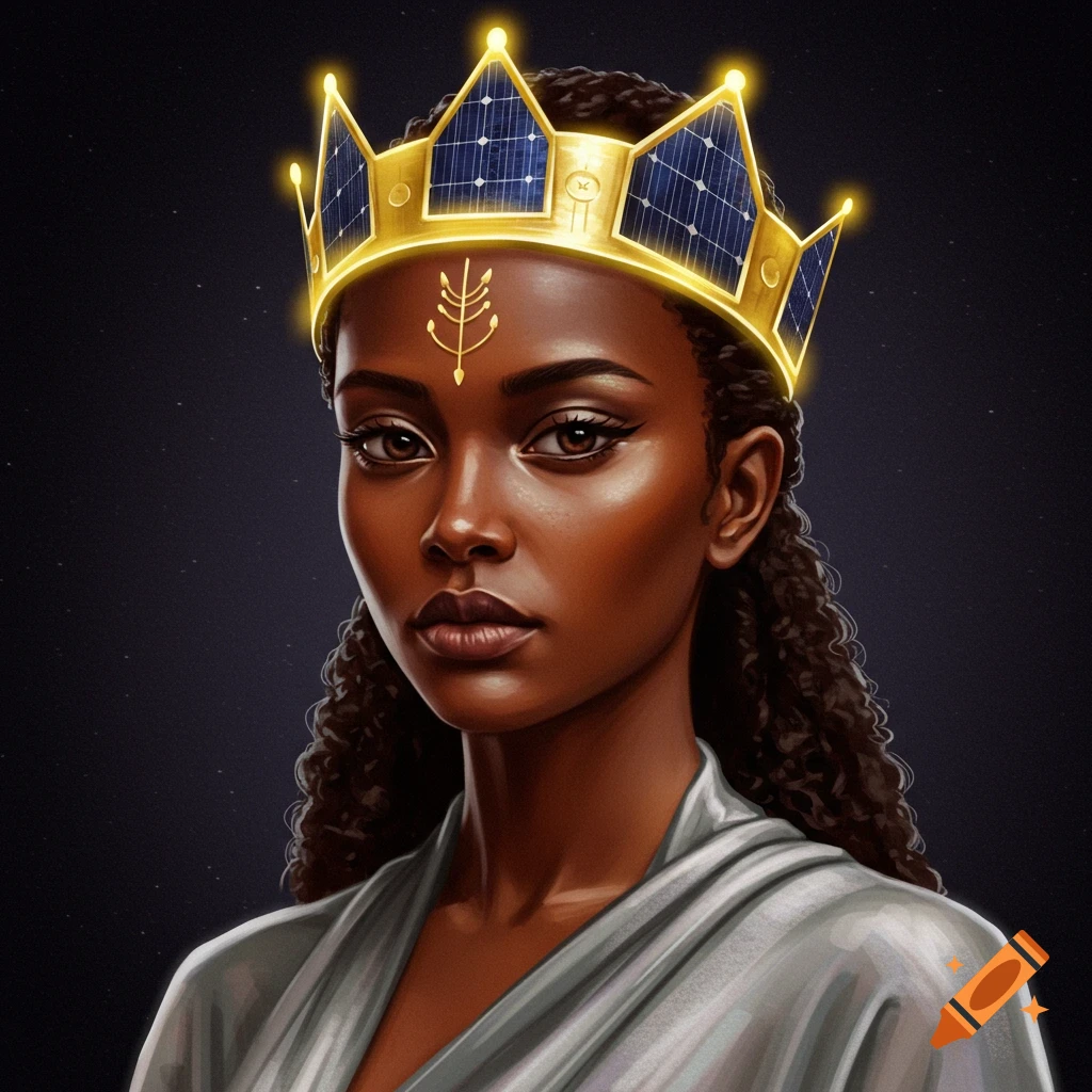 A woman with dark skin and curly hair, wearing a golden crown with solar panels, against a starry background.