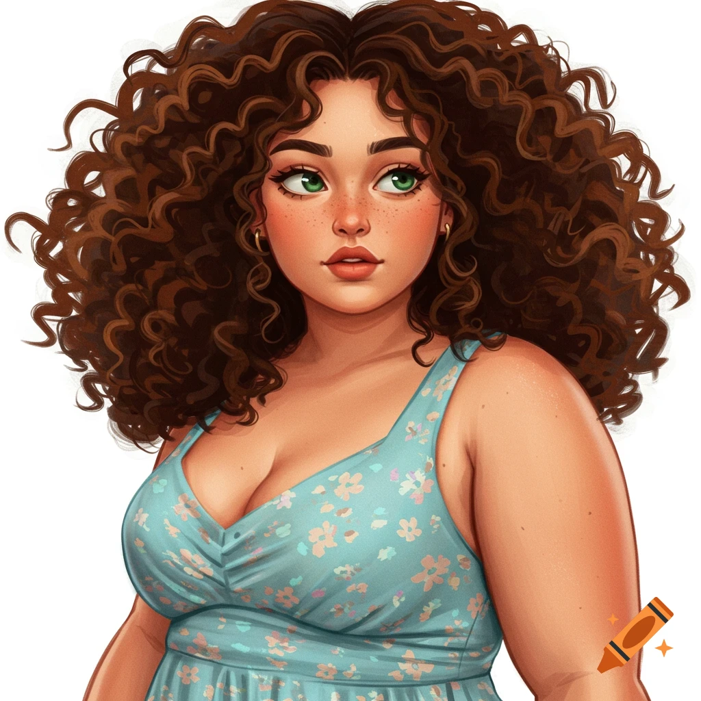 A plus size woman with curly brown hair and green eyes