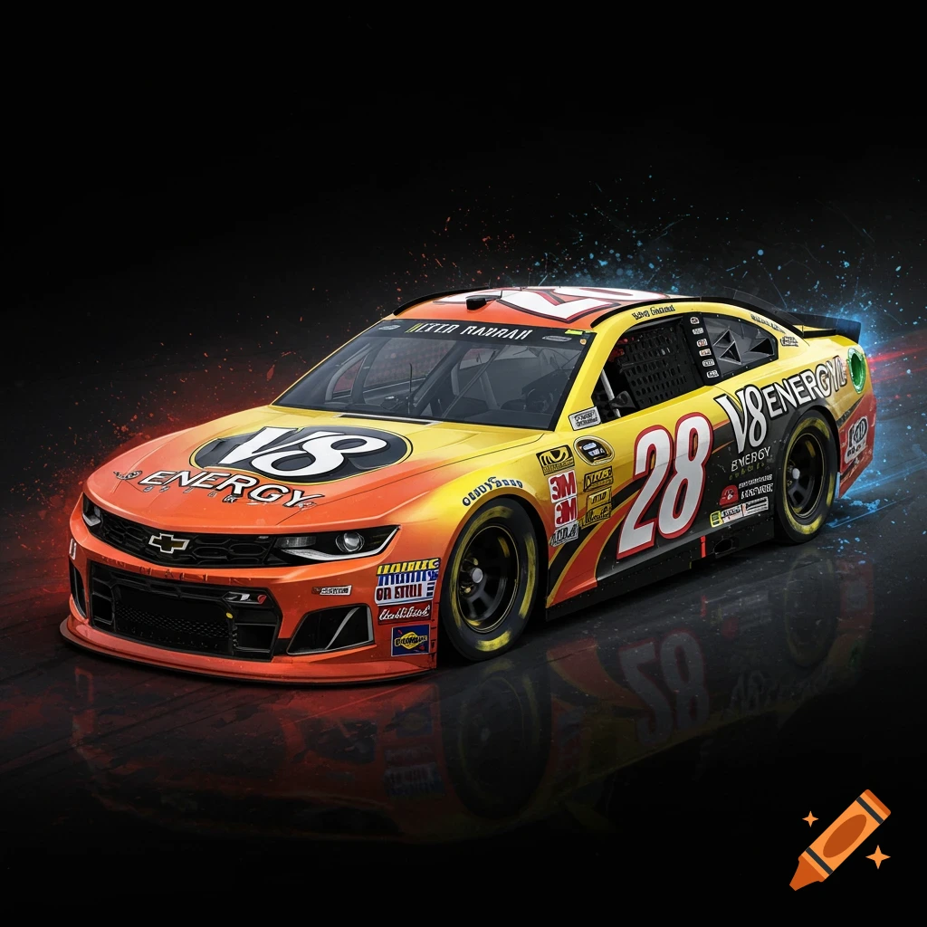A yellow and orange NASCAR race car branded with V8 Energy logos and the number 28.