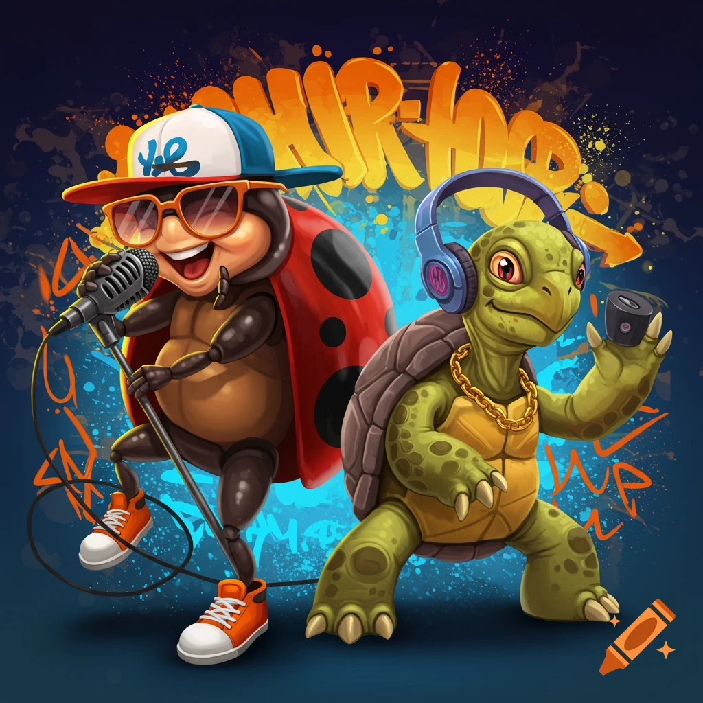 A cartoon ladybug rapping and a turtle DJing, with 'HIP HOP' graffiti behind them.