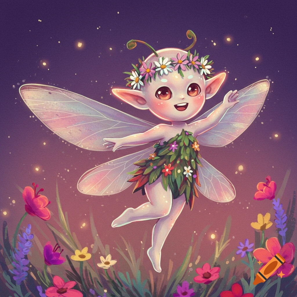A cute fairy flying among flowers at night.