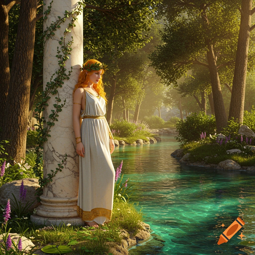 A woman dressed as a Greek goddess leans against a column beside a flowing river in a sunlit forest.