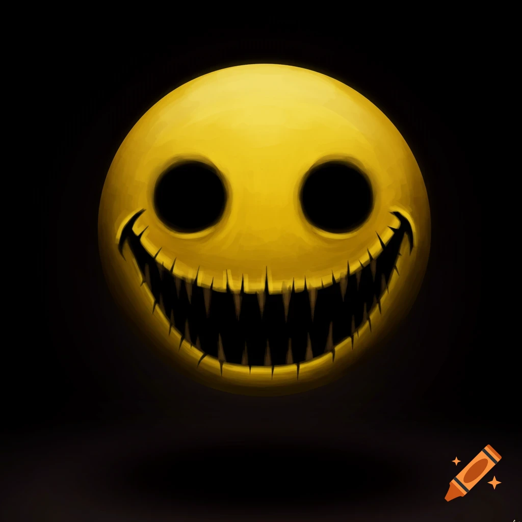 A creepy yellow smiley face with large sharp teeth and black eyes on a dark background.