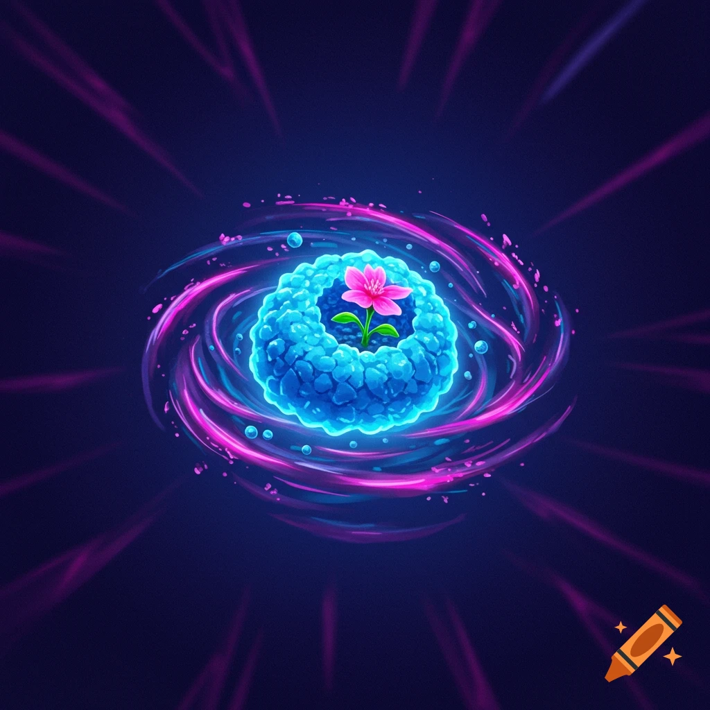 A glowing blue sphere with a pink flower inside, surrounded by swirling pink and blue light on a dark background.