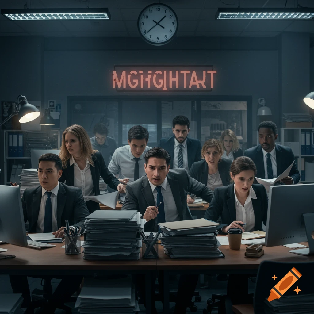 Stressed professionals working late in a busy office, piles of documents on desks, clock on wall, neon sign above.