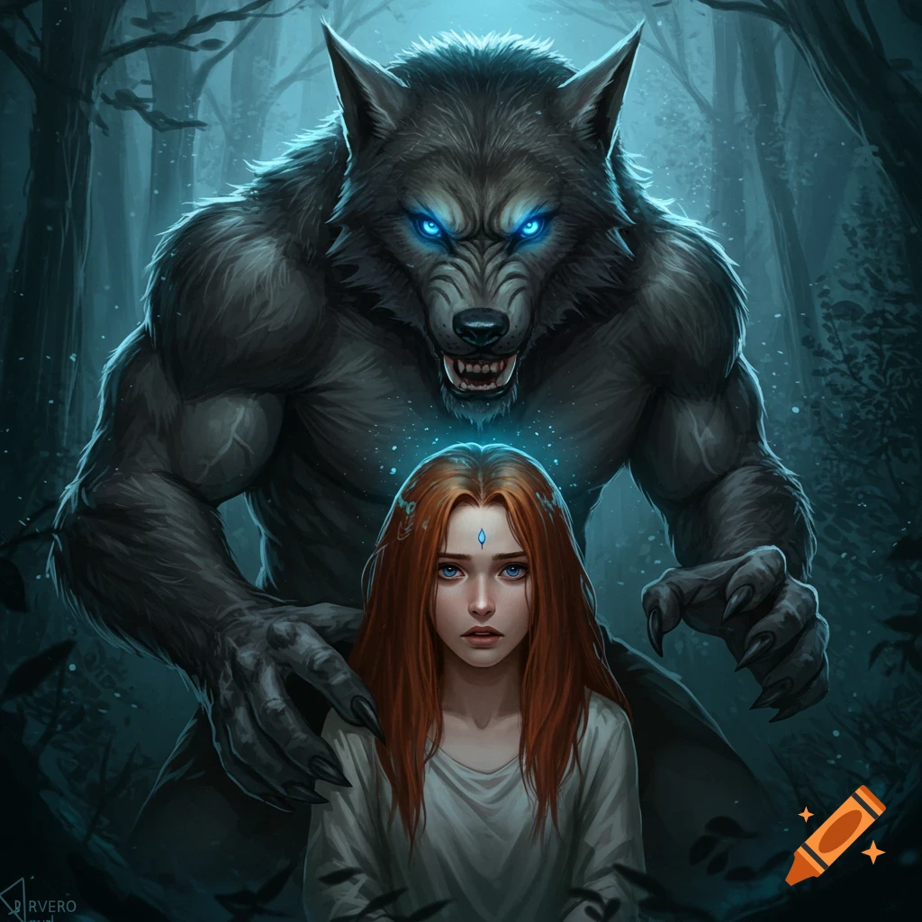 A werewolf towering over a girl in a dark forest