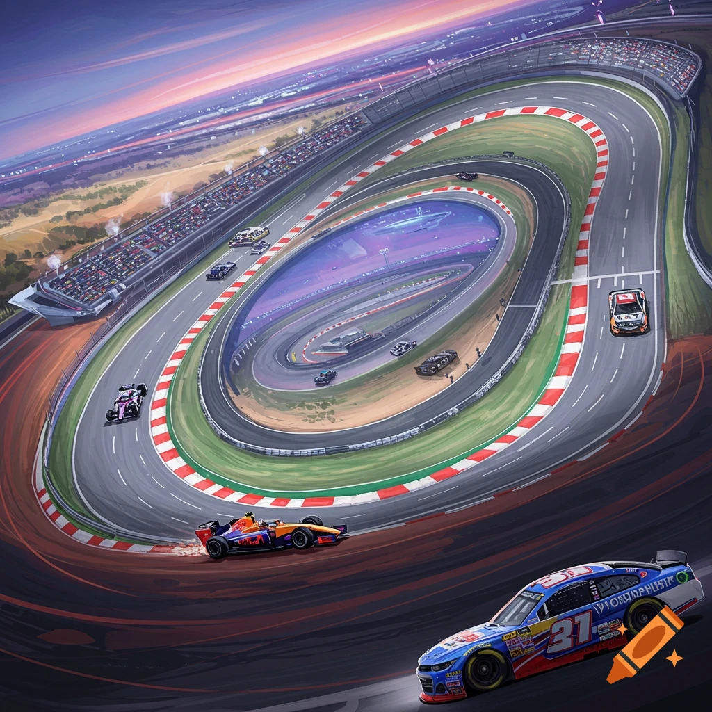 Race cars speed along a winding track as twilight settles.