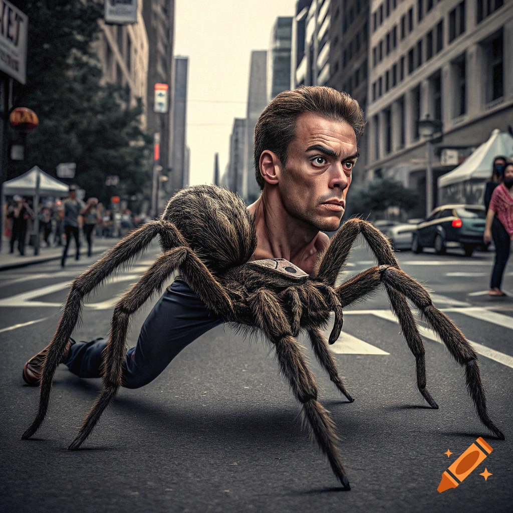 Human head and torso attached to a large spider body crawls on a city street.