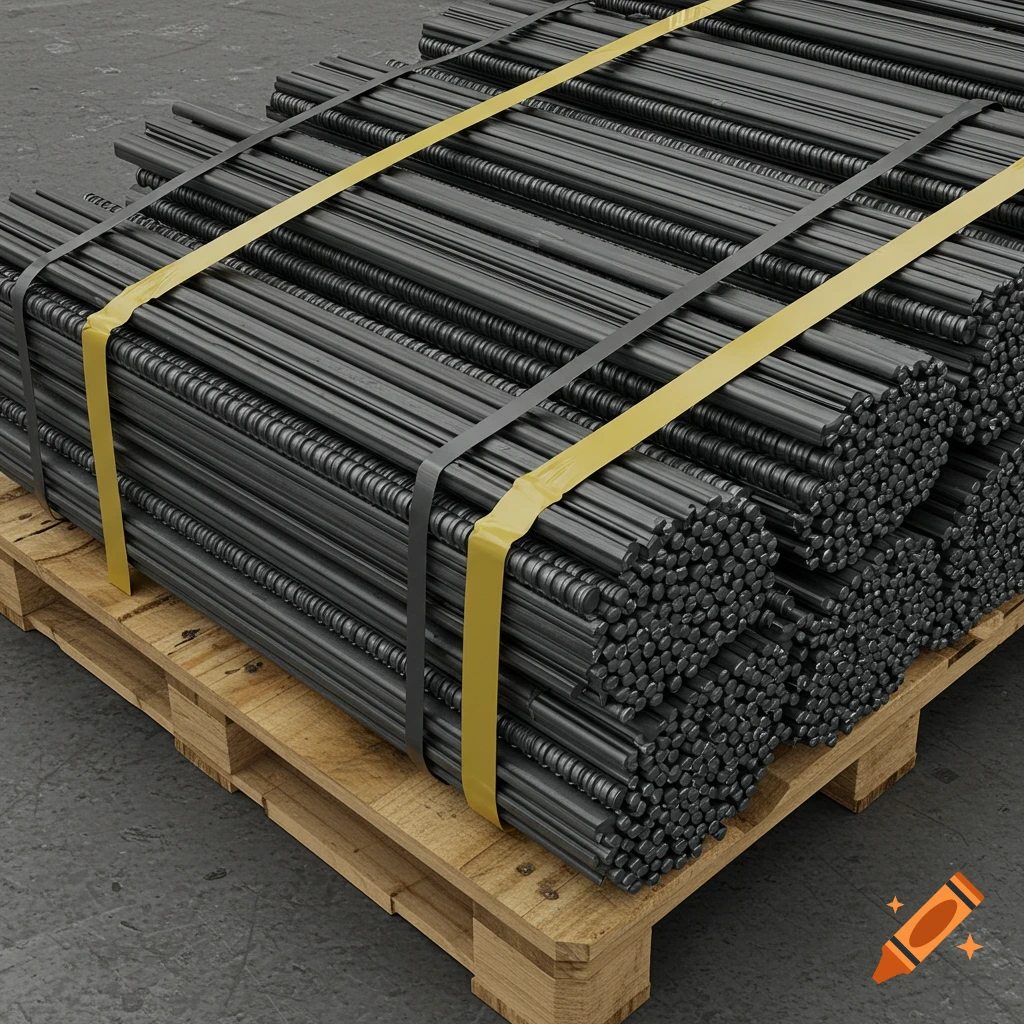 Bundles of metal rebar rods strapped onto a wooden pallet.