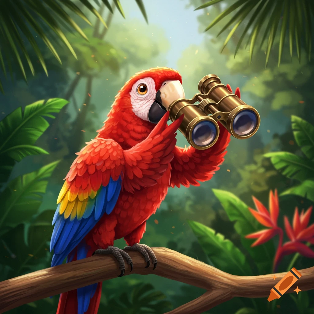 A red parrot is using binoculars while in a jungle.