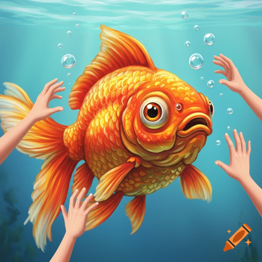 A large orange goldfish is underwater, surrounded by human hands reaching towards it.