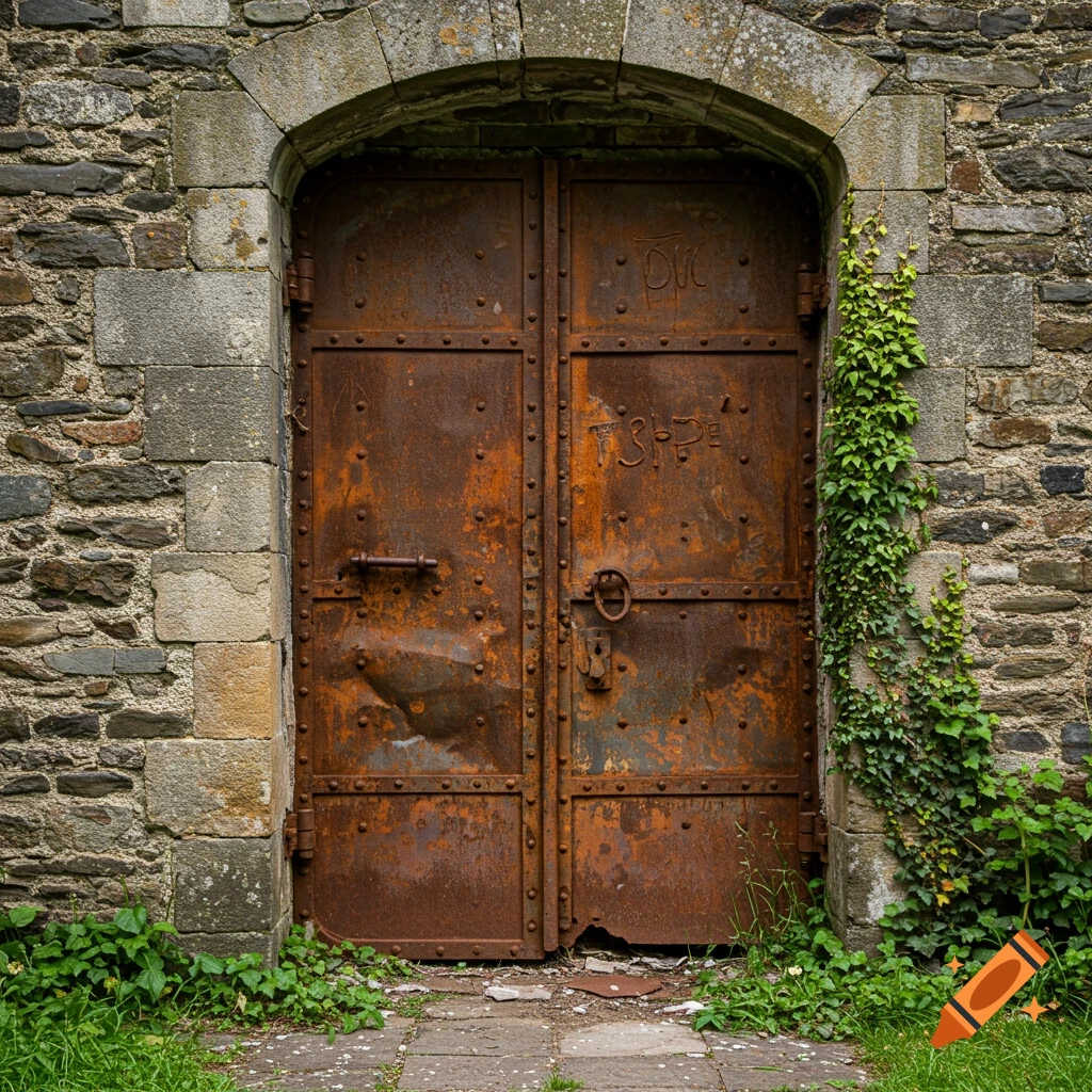 A heavily rusted metal door set into a stone wall with ivy growing on the side.
