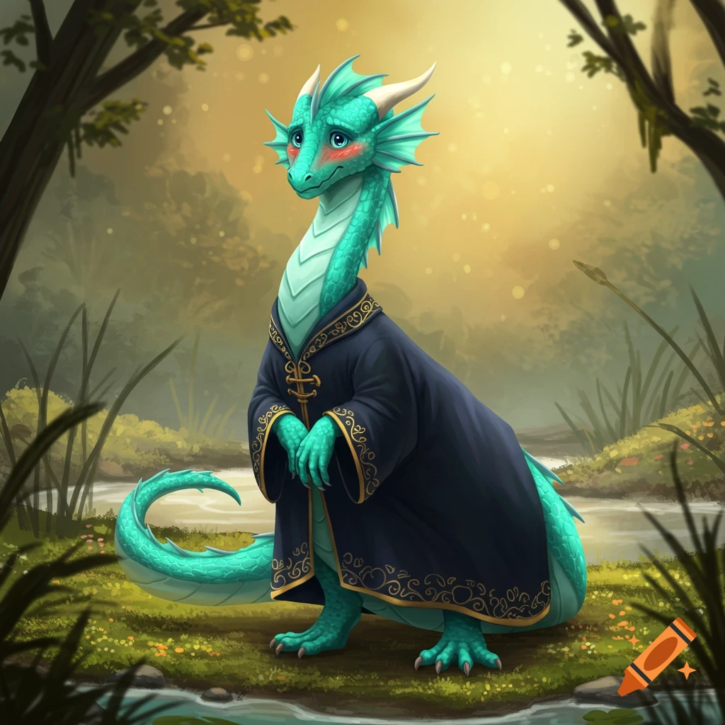 An embarrassed turquoise dragon wearing a dark blue robe, sitting by a stream in a forest.