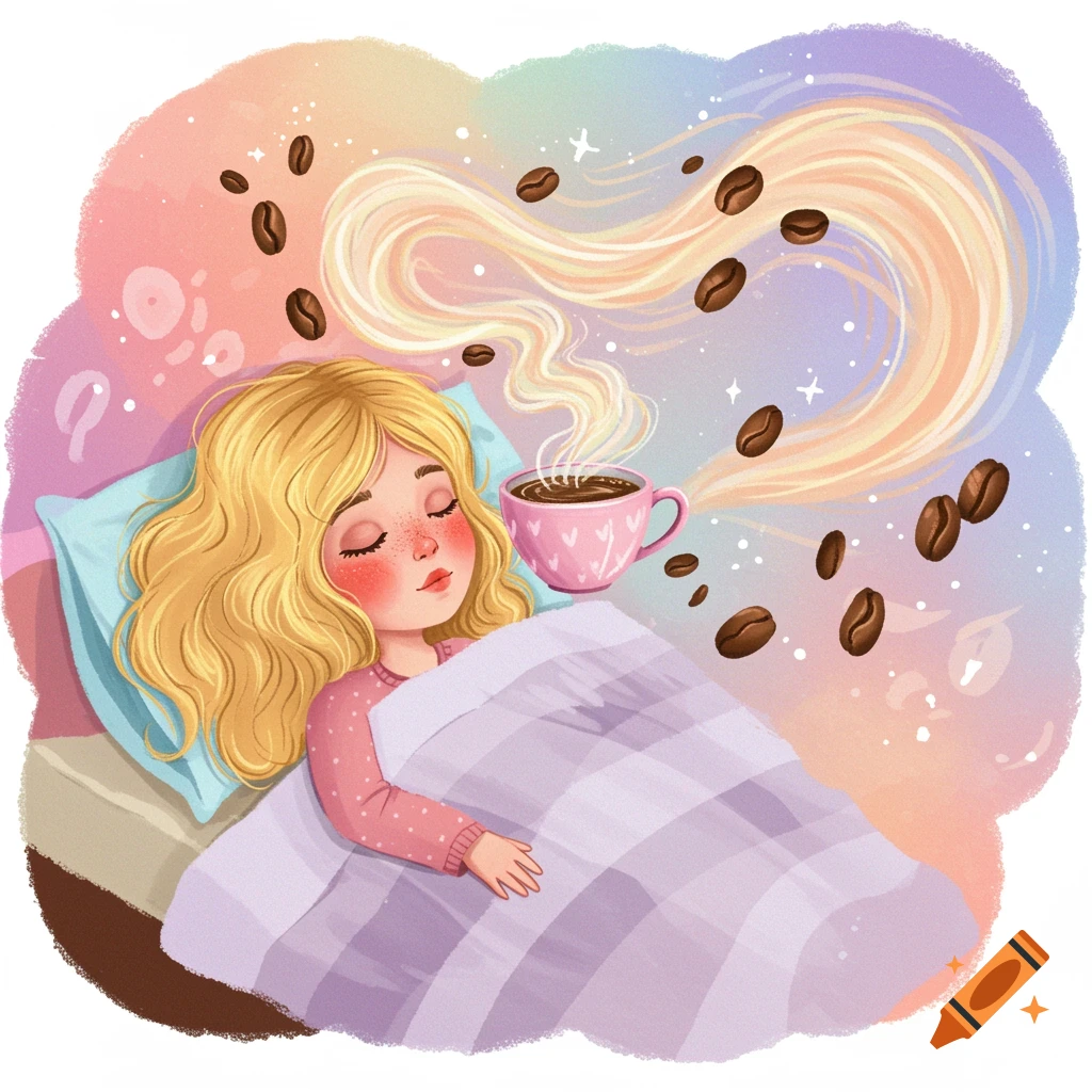 Whimsical illustration of a blonde girl sleeping, dreaming of coffee beans and a pink mug.