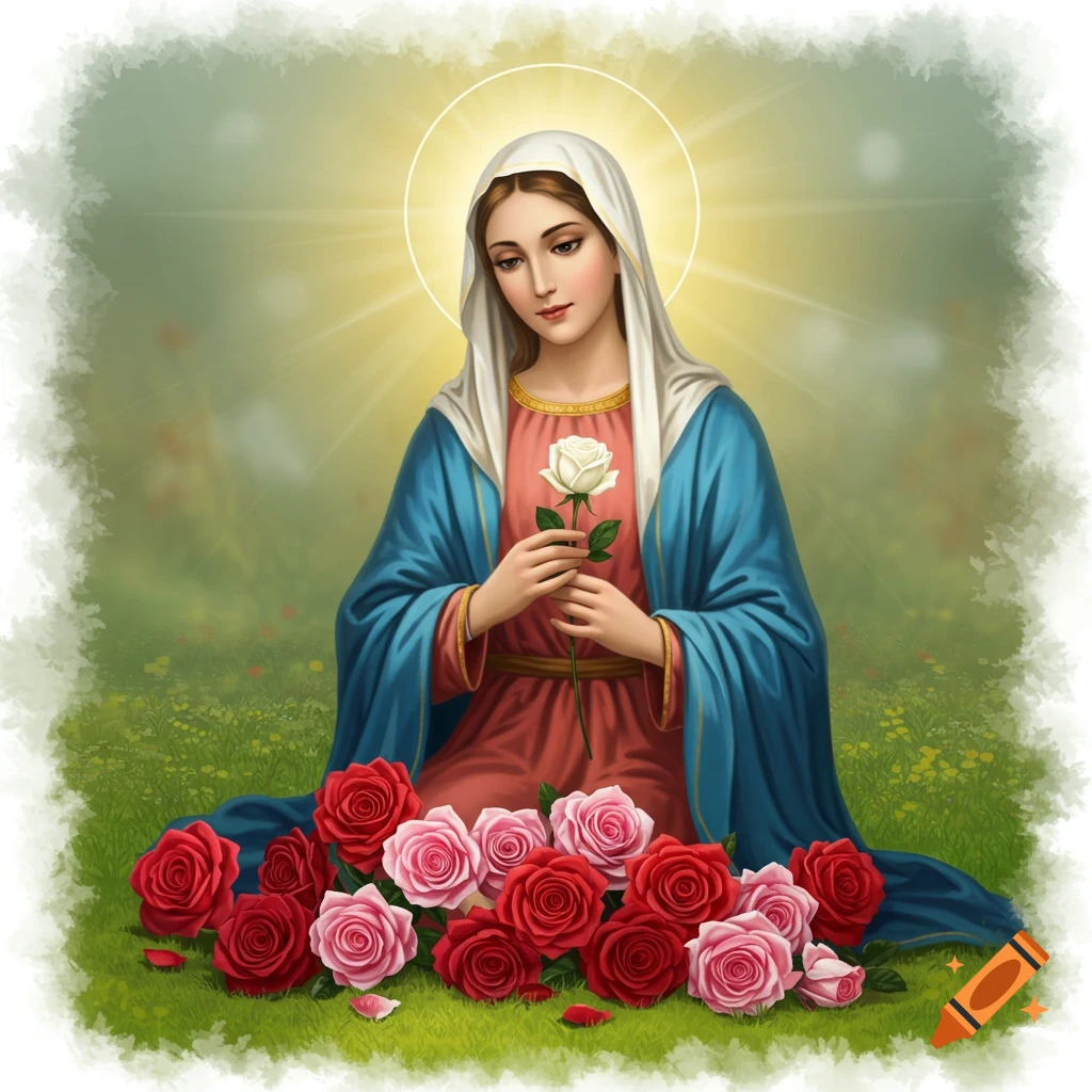 A woman sits in the grass surrounded by red and pink roses, holding a white rose. Her head is bowed and her eyes are closed.