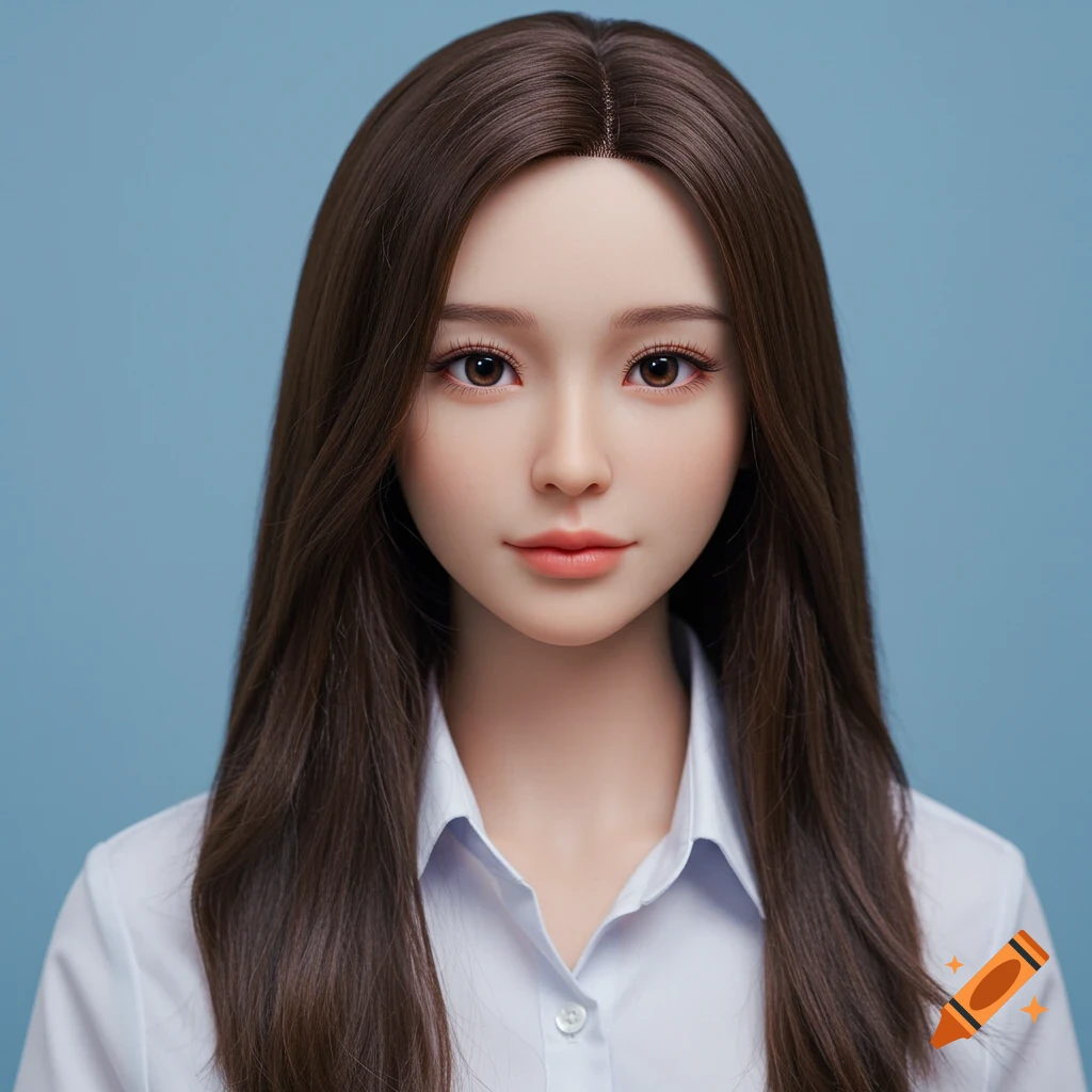 Close-up portrait of a young woman with long brown hair wearing a white shirt.