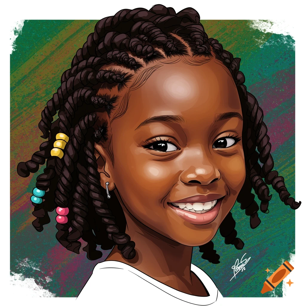 Stylized digital portrait of a young Black girl with beaded braids smiling