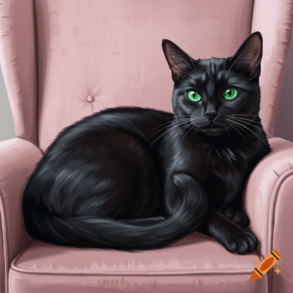 A black cat with green eyes is sitting on a pink armchair.