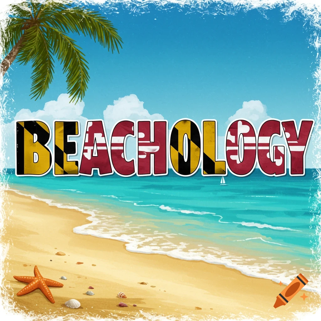 The word BEACHOLOGY is displayed with a Maryland flag design on a beach scene.