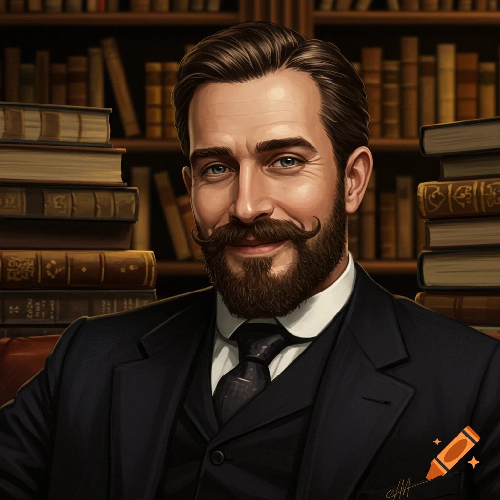 A distinguished man in a suit with a mustache and beard sits in a library.