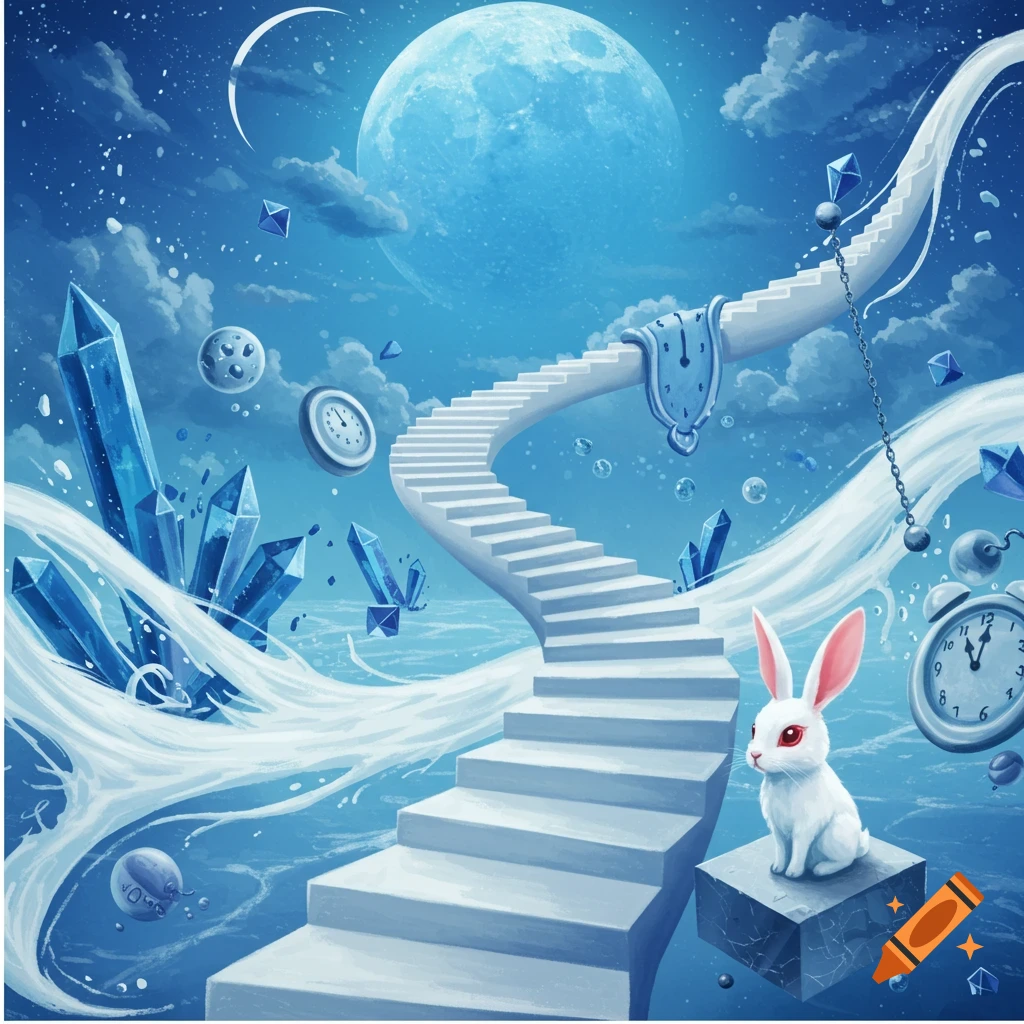 Surreal depiction of a white rabbit on a block before floating stairs leading to a large moon, surrounded by melting clocks and crystals.