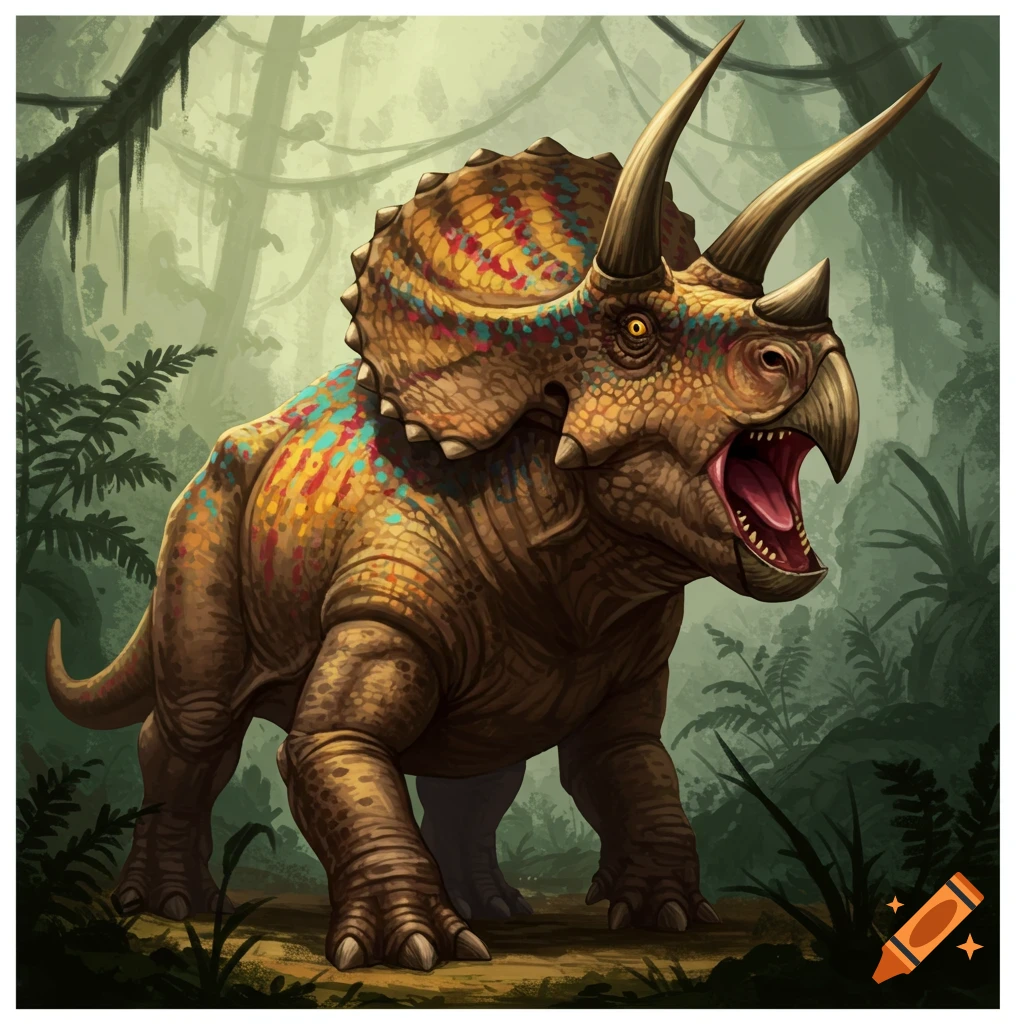 A roaring triceratops in a jungle.