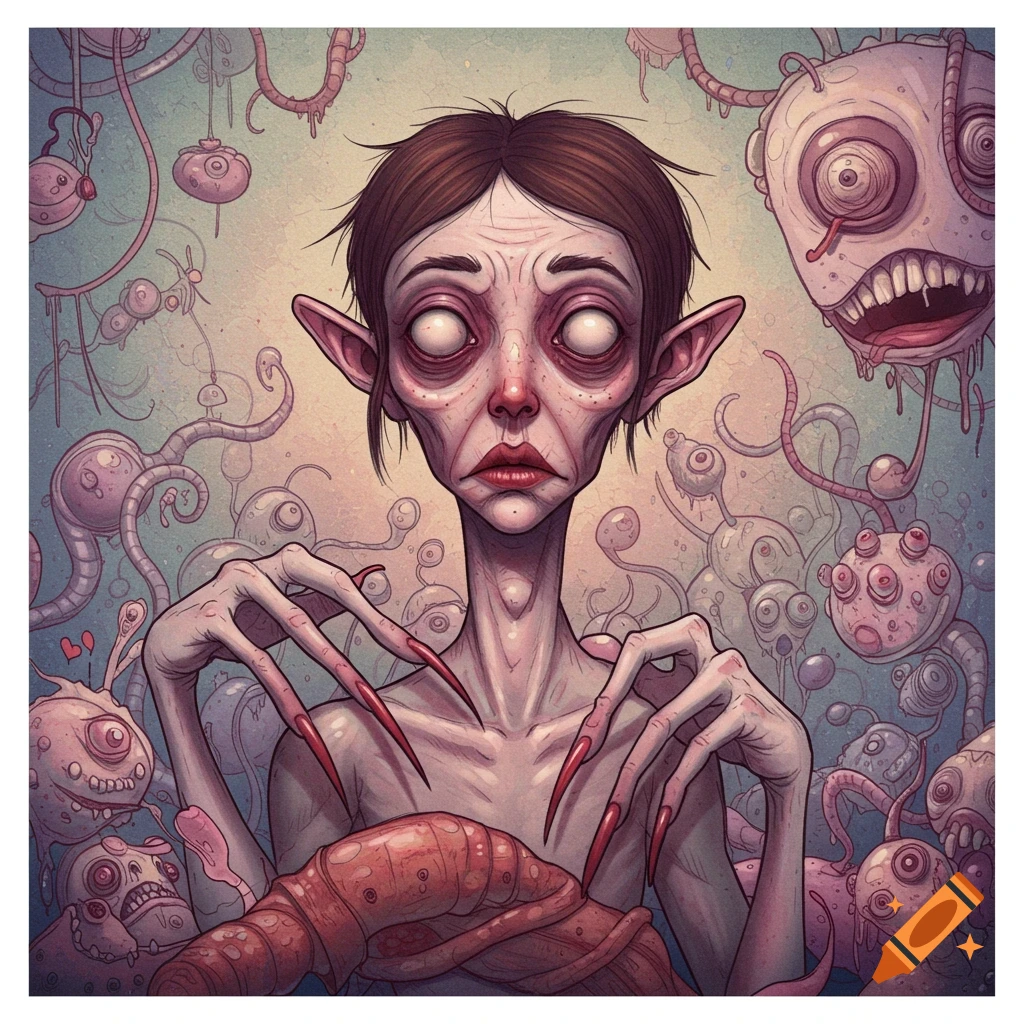 An emaciated figure with wide white eyes and long fingers is surrounded by strange pink tentacled creatures.