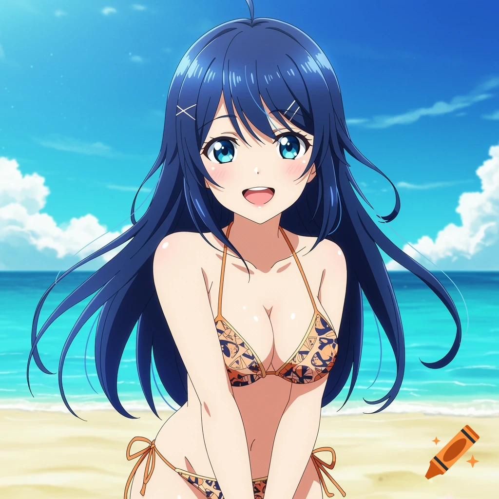 Anime character with long blue hair in a bikini on a beach.