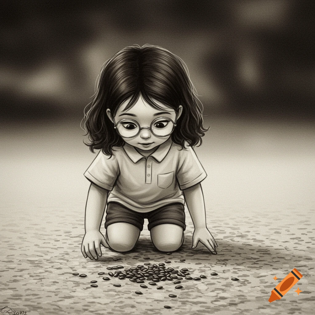 Black and white illustration of a girl kneeling, looking at seeds.
