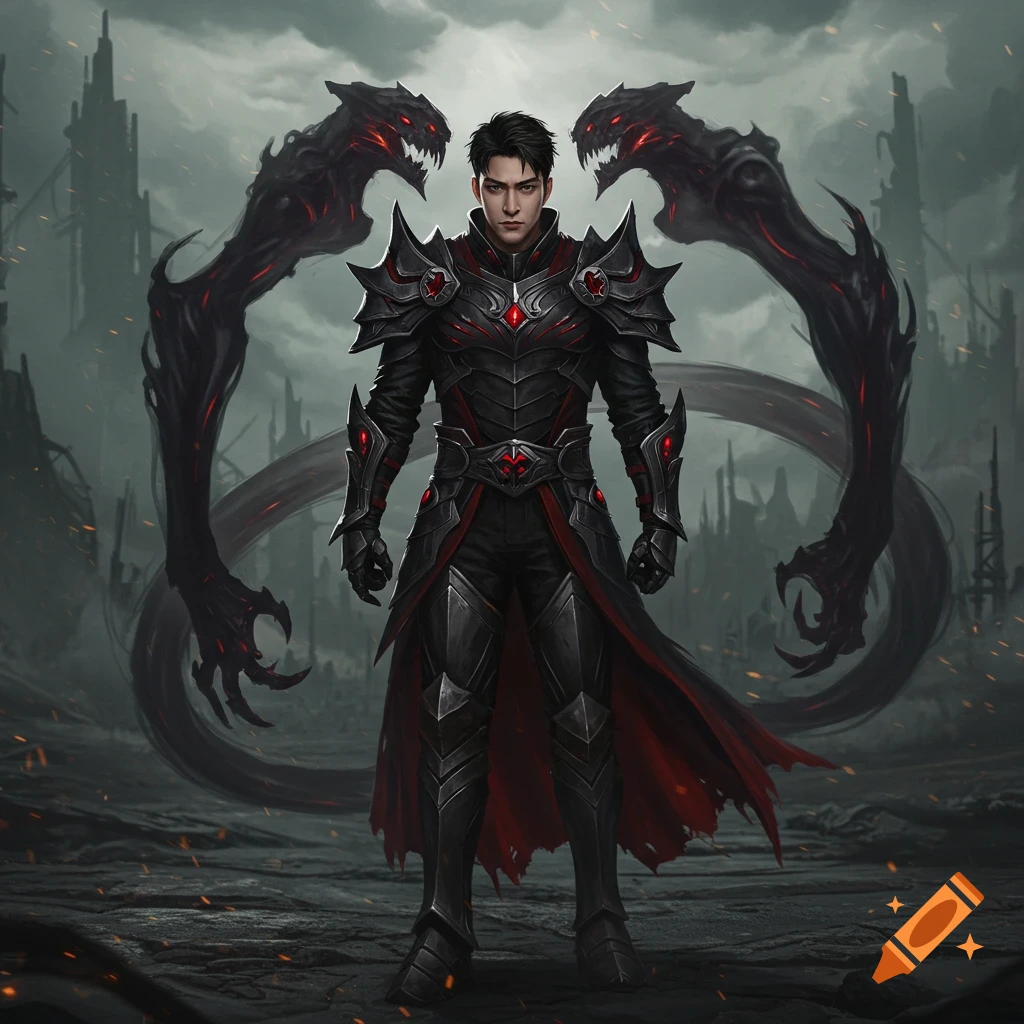 A fantasy character in black and red armor stands in a ruined city with two shadowy monster figures behind them.