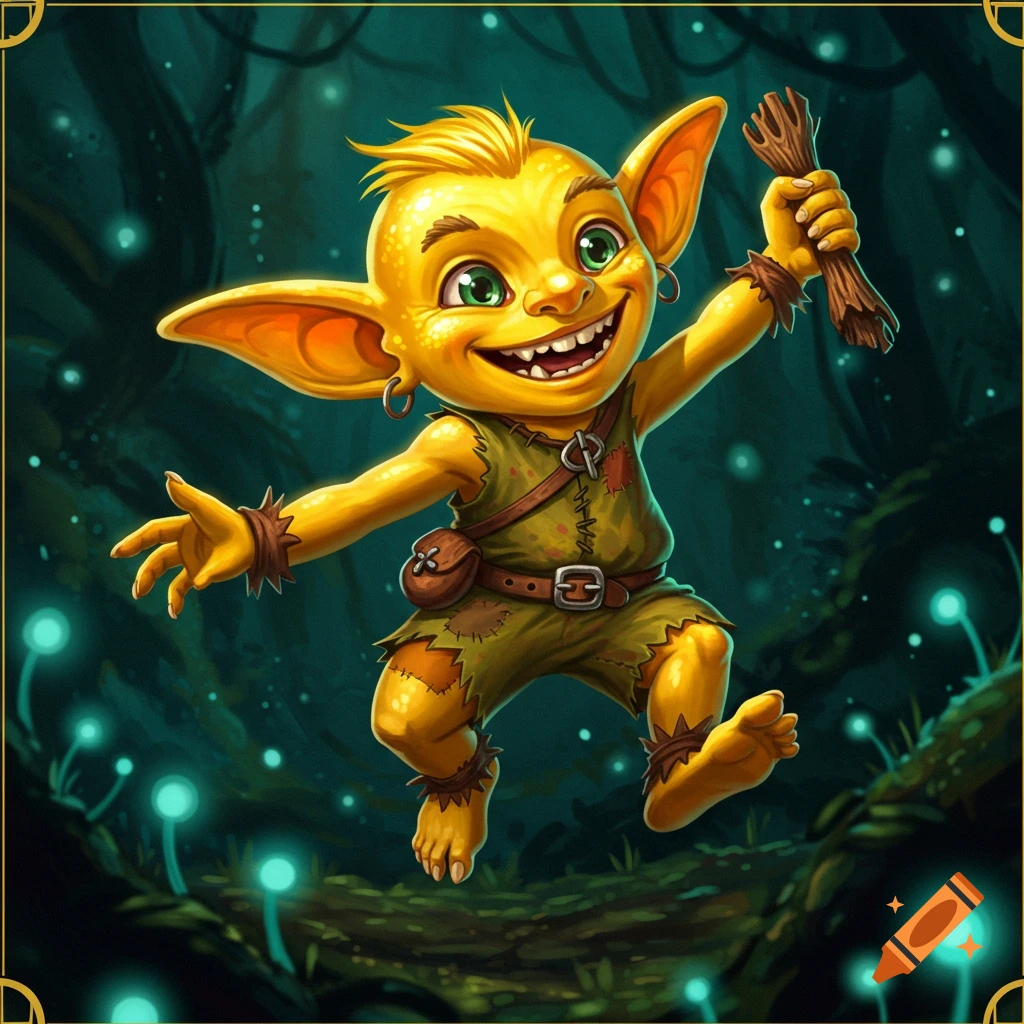A yellow goblin jumping excitedly in a glowing forest.