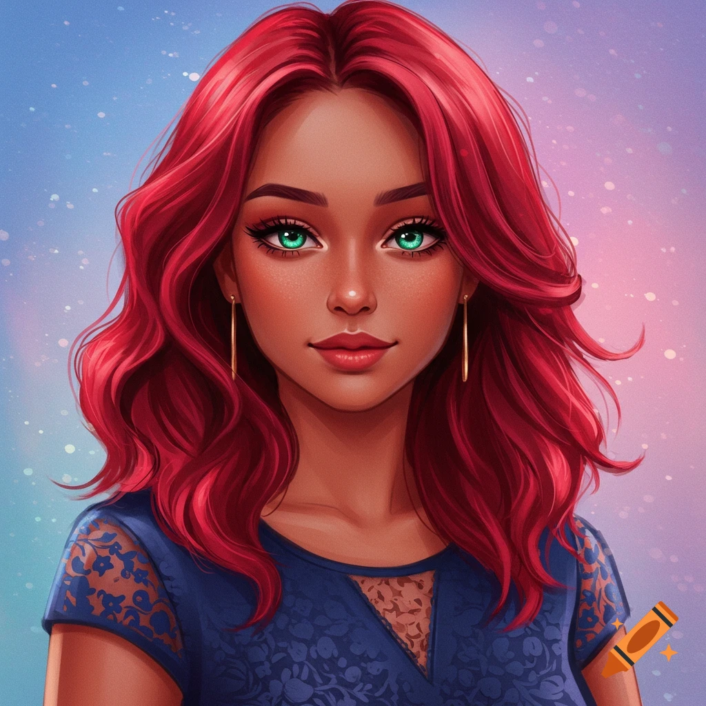Portrait of a woman with red hair and green eyes.