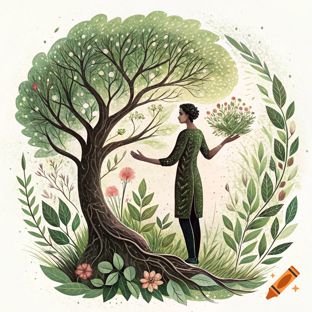 Illustration of a person standing by a large tree surrounded by lush plants and roots.