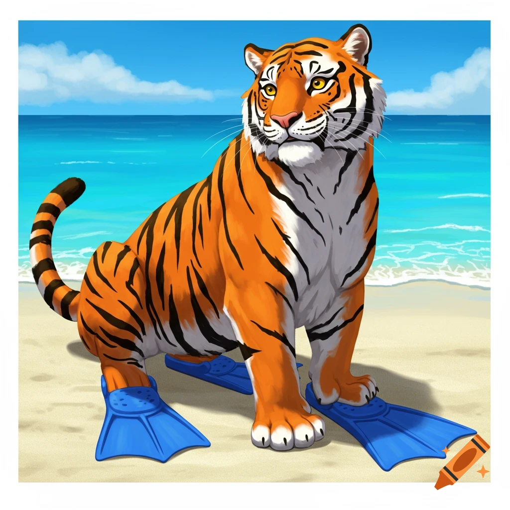 A tiger wearing blue flippers on a sandy beach.