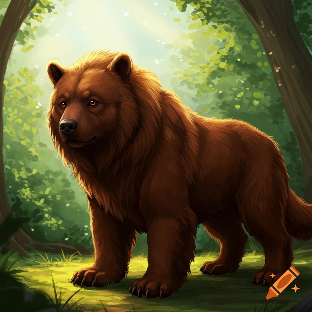 A brown, beastly bear-like creature stands in a sunlit forest clearing.