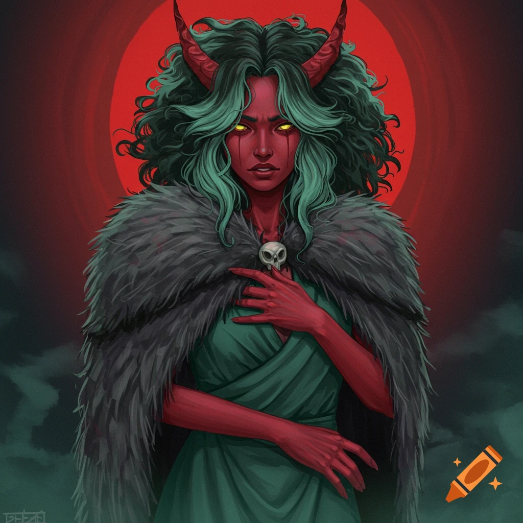 A red-skinned woman with mint green hair and horns, wearing a fur cloak and holding a skull pendant.