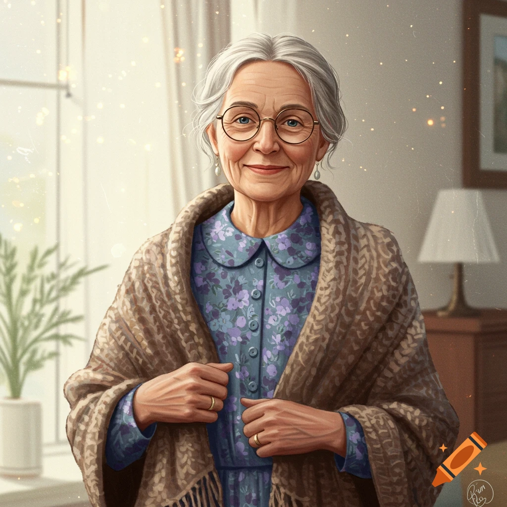 Portrait of a smiling elderly woman with glasses and a shawl.